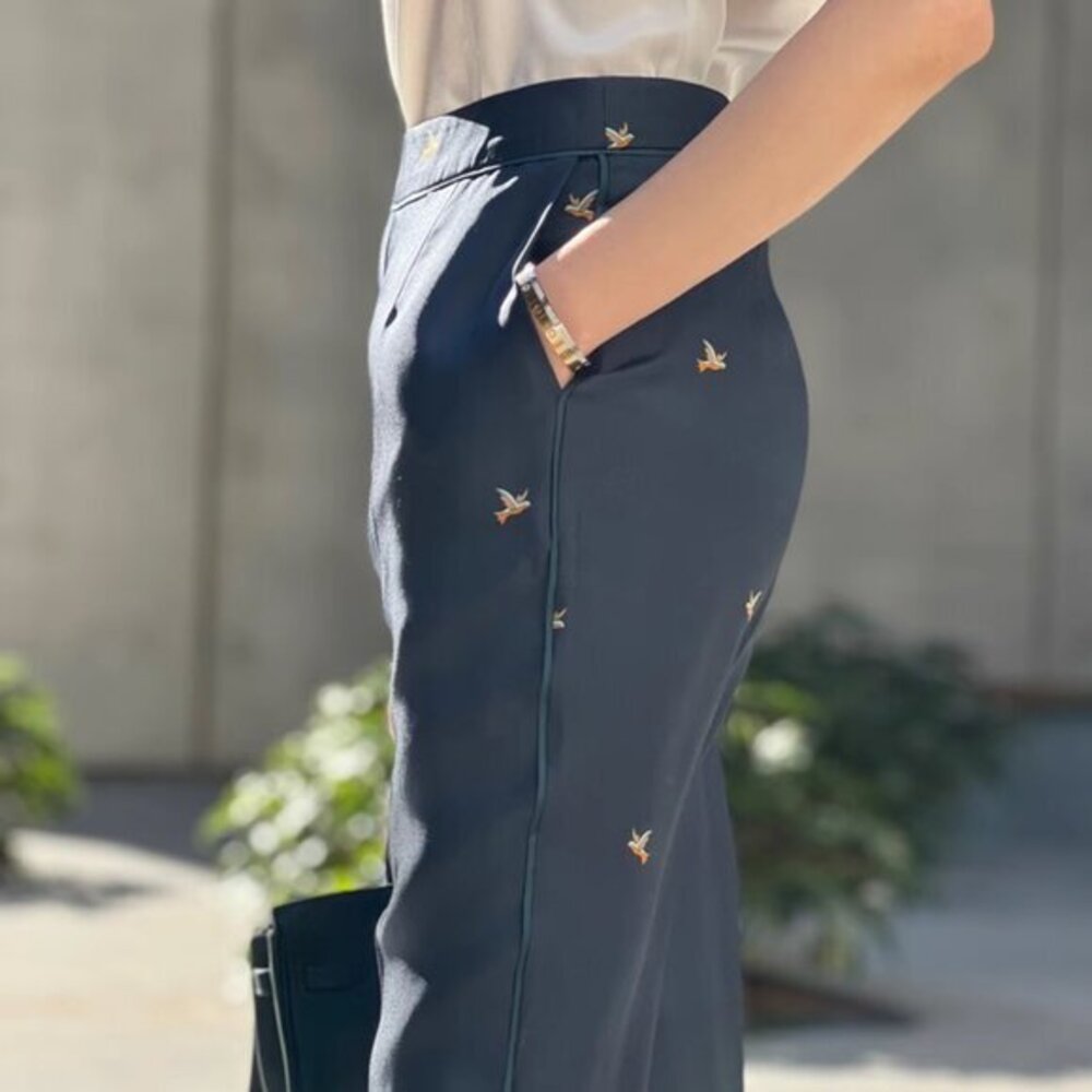 Designer Silk Trousers by deebydwang | Navy Blue with Gold Swallow Print | Size